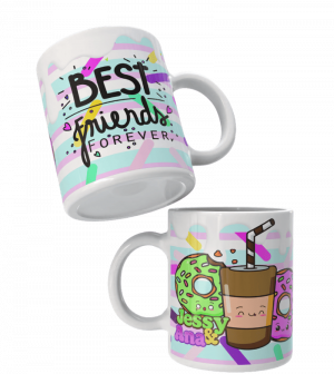 taza-blanca-cafe-donas Taza blanca personalizada con texto Best Friends Forever e ilustraciones kawaii de café y donas.