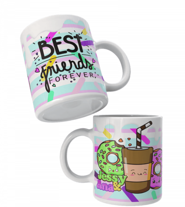 Taza blanca personalizada con texto Best Friends Forever e ilustraciones kawaii de café y donas.